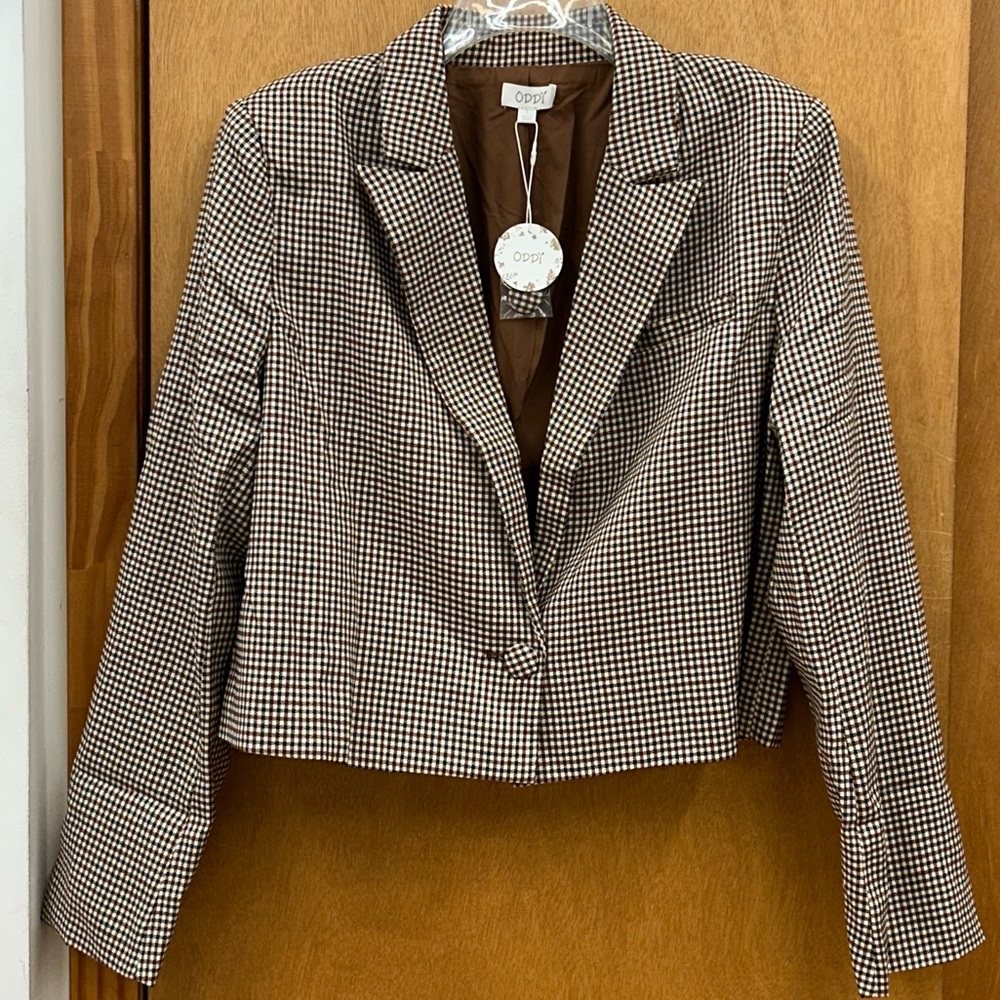 New ODDI Women's Brown, Black and Cream Checkered Waist Length Blazer Size Large